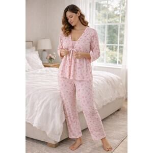 QUE 100% Cotton Pajama Set Pink Floral Top M Pants S Cottagecore Sleepwear